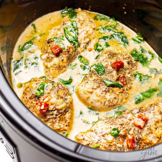 Crockpot Tuscan Garlic Chicken Thighs With Spinach And Sun Dried Tomatoes